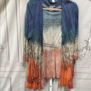 Parsley & Sage artsy raw hem lightweight graphic print size large cardigan